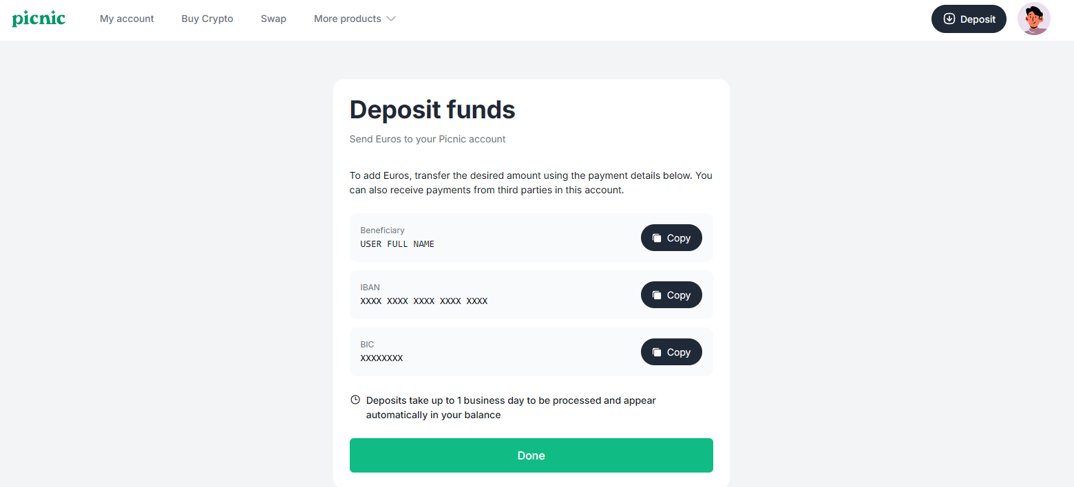Picnic UI displaying an IBAN number for deposit (mocked data)